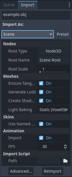更改导入面板中 OBJ 文件的导入类型