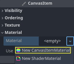 在粒子节点检查器的底部创建一个 CanvasItemMaterial