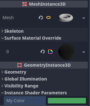 在检查器中的 GeometryInstance3D 部分设置单实例 uniform 的值